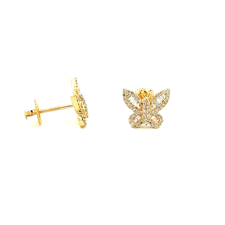 0.5Ct Yellow Gold Round Baguette Diamond Butterfly Earrings