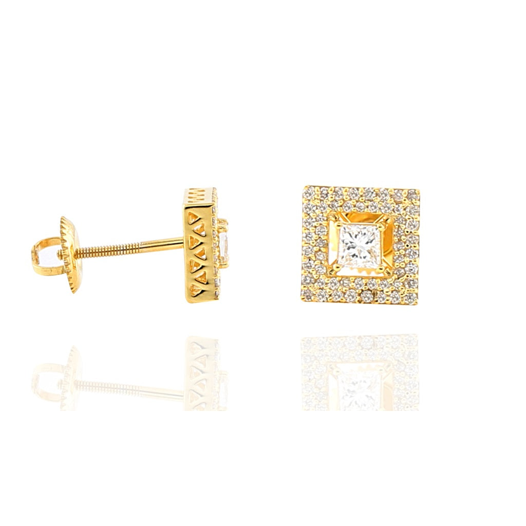 0.60Ct Diamond Yellow Gold Square Halo Earrings