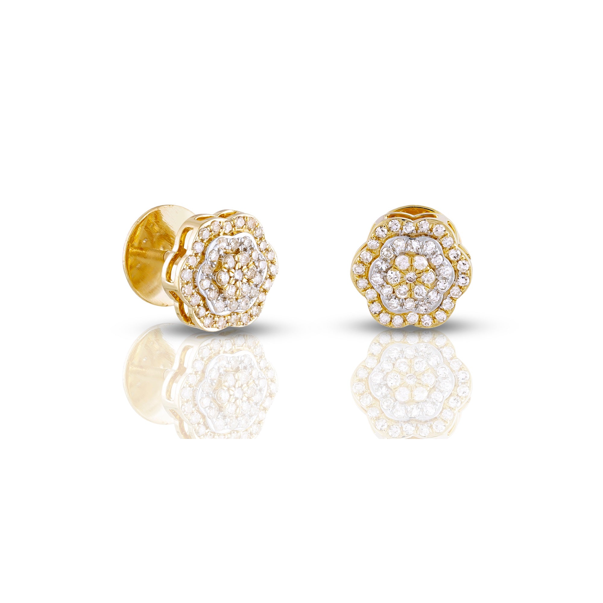 0.60Ct Yellow Gold Round Diamond  Flower Stud Earring