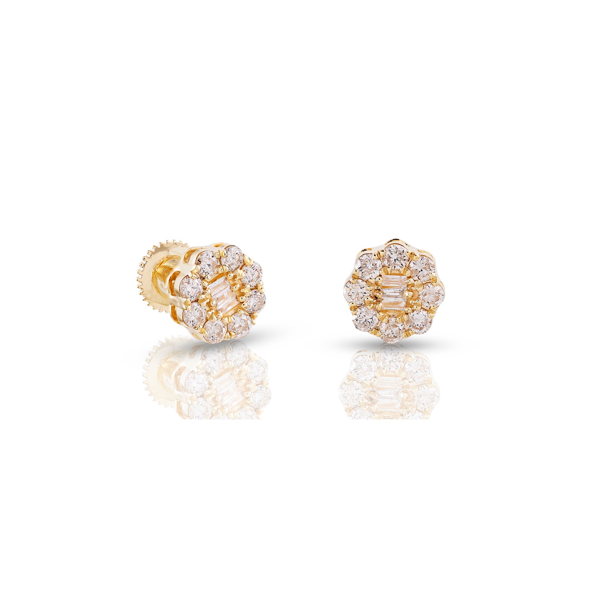 0.68Ct Round and Baguette Diamond Gold Flower Earrings