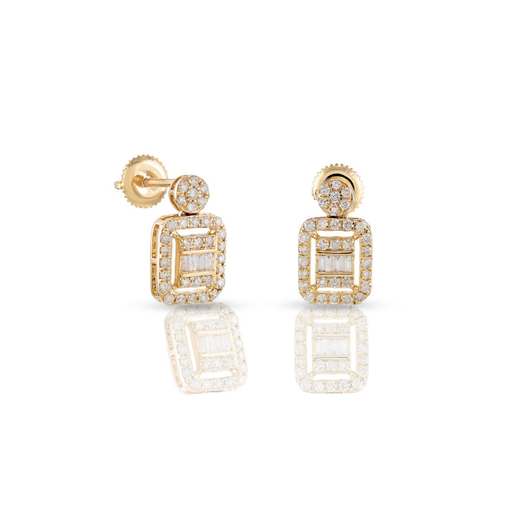 0.71Ct Baguette and Round Diamond Gold Stud Earrings