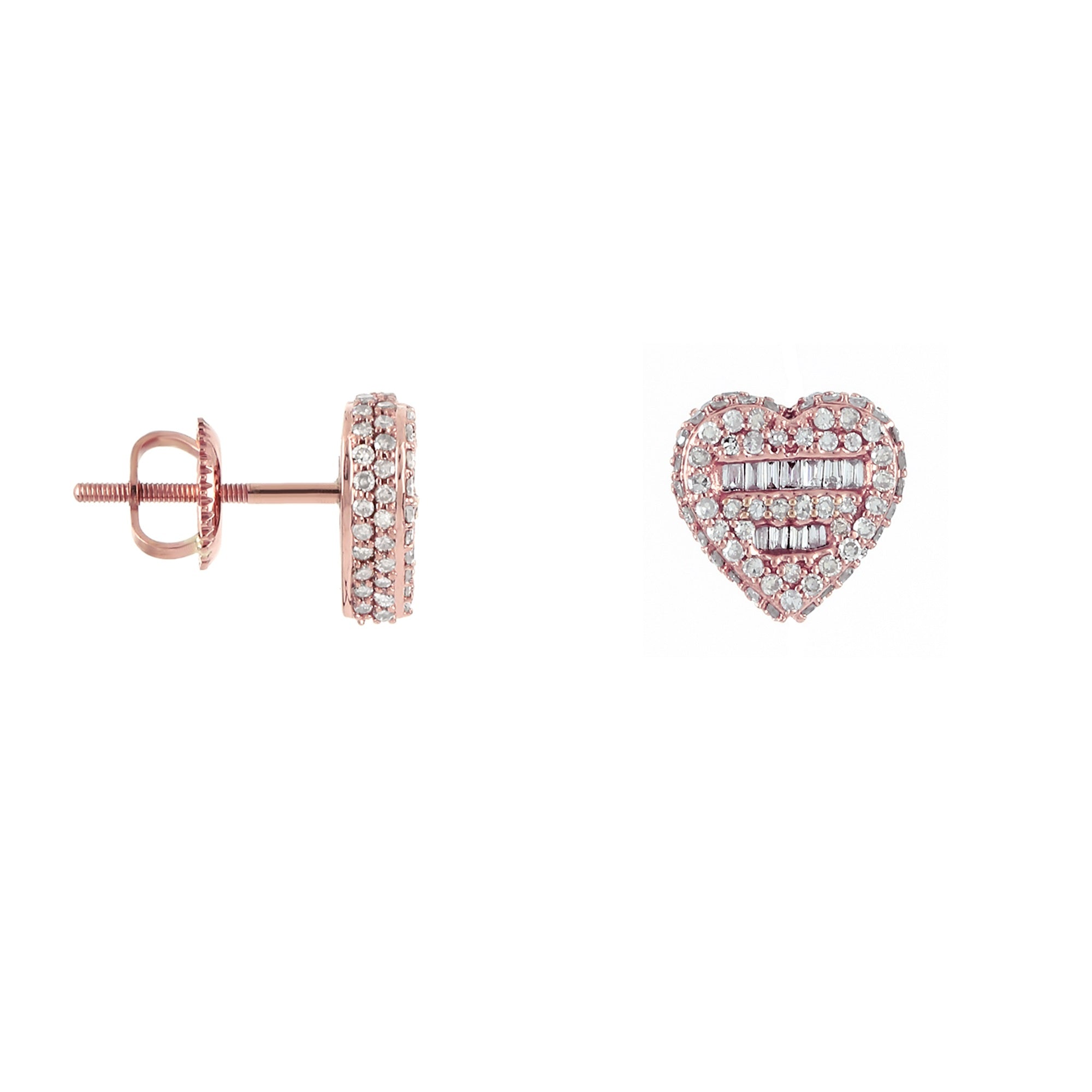 0.78Ct Rose Gold Round and Baguette Diamond Heart Earrings