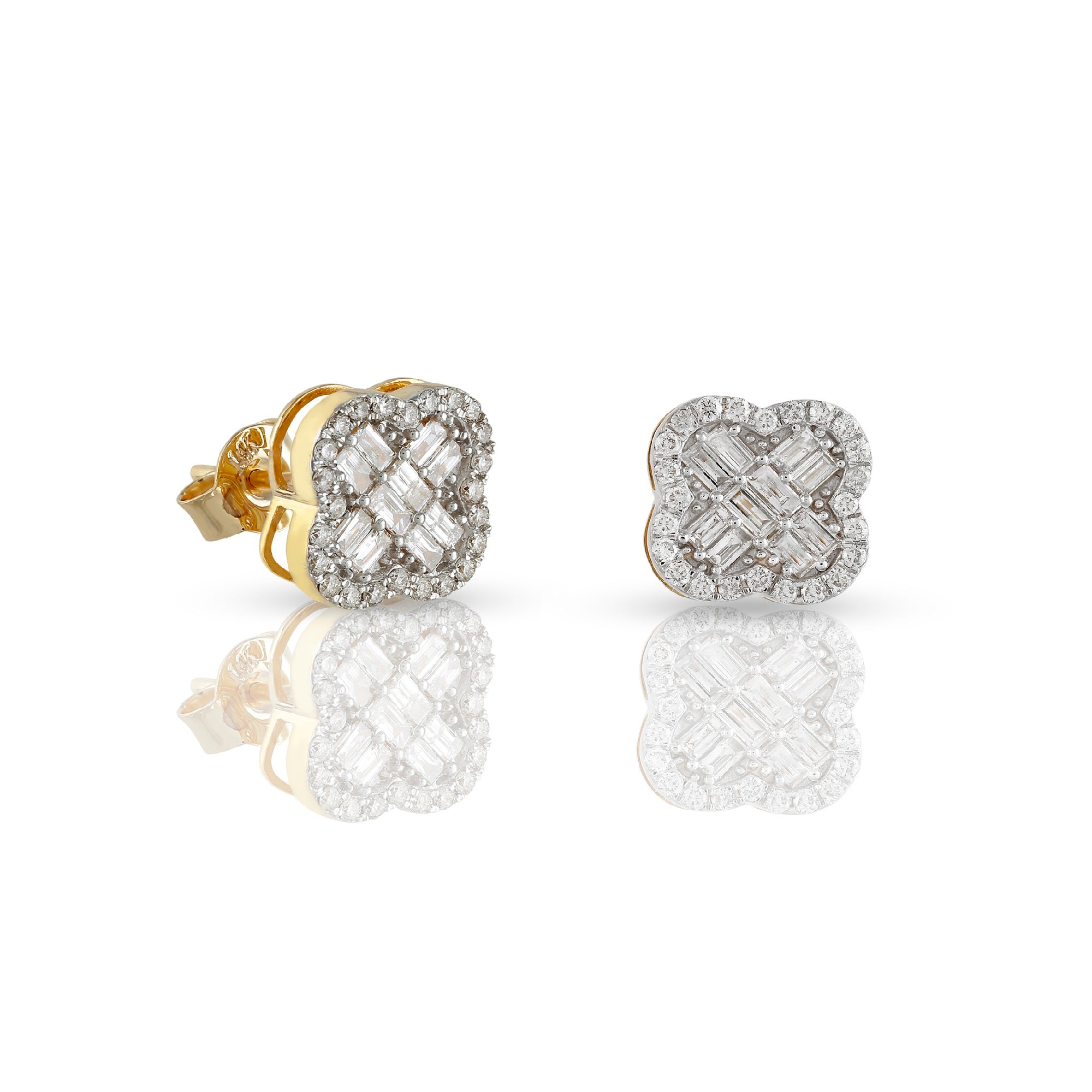 0.85Ct Yellow Gold Round and Baguette Diamond Stud Earrings