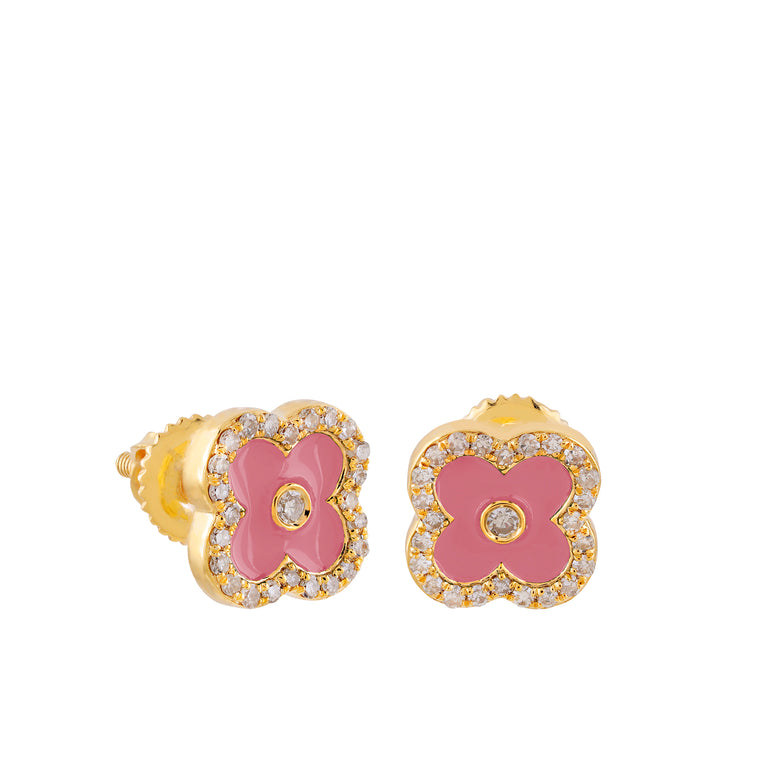 0.14 Carat Yellow Gold Round Diamond Enamel Stud Earring
