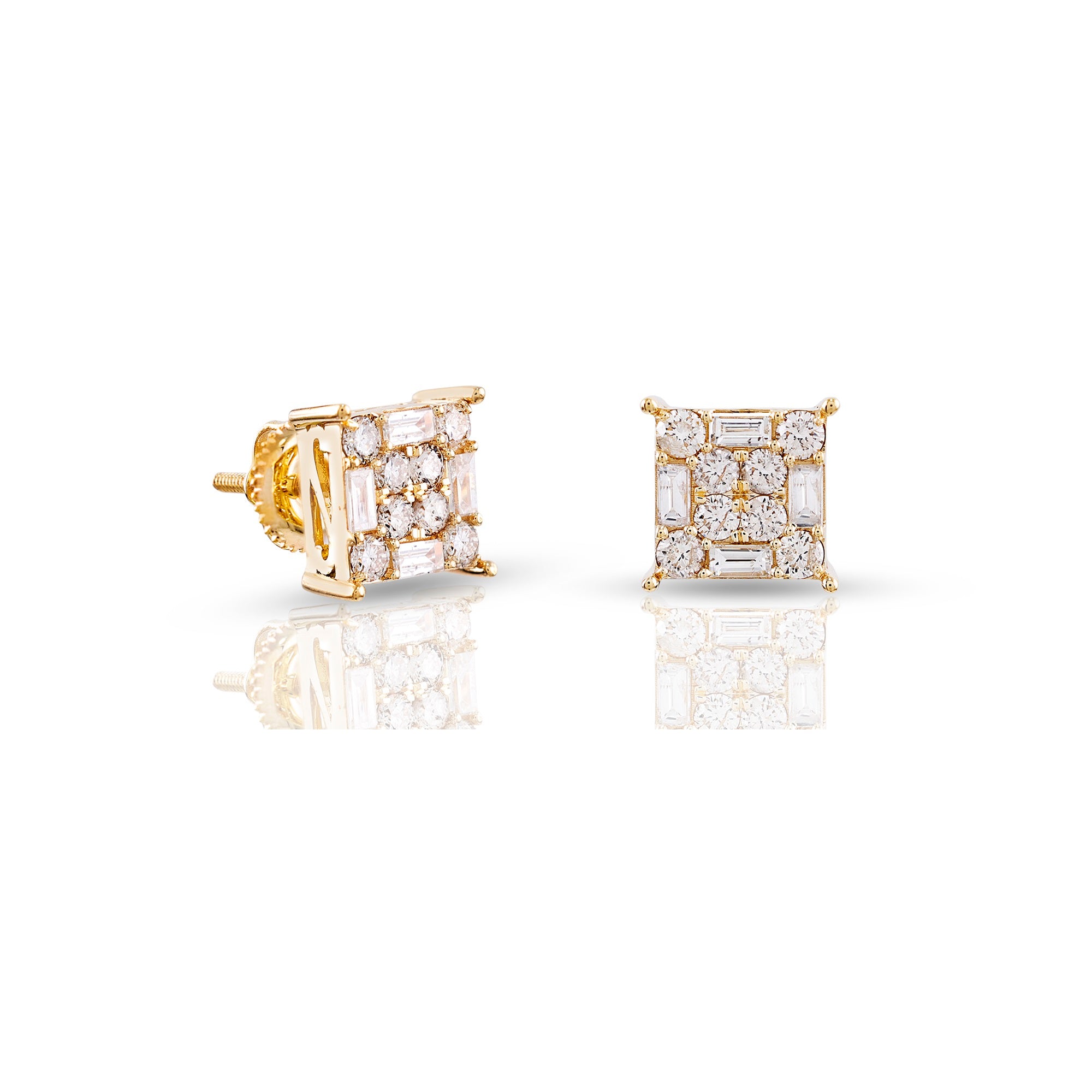 1.05Ct Yellow Gold Round and Baguette Diamond Square Earrings