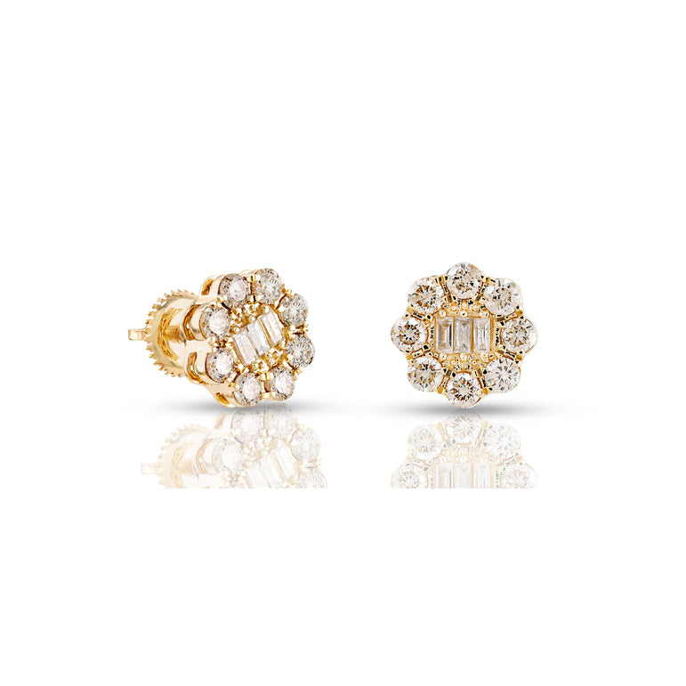 1.16Ct Yellow Gold Baguette Round Diamond Flower Earring