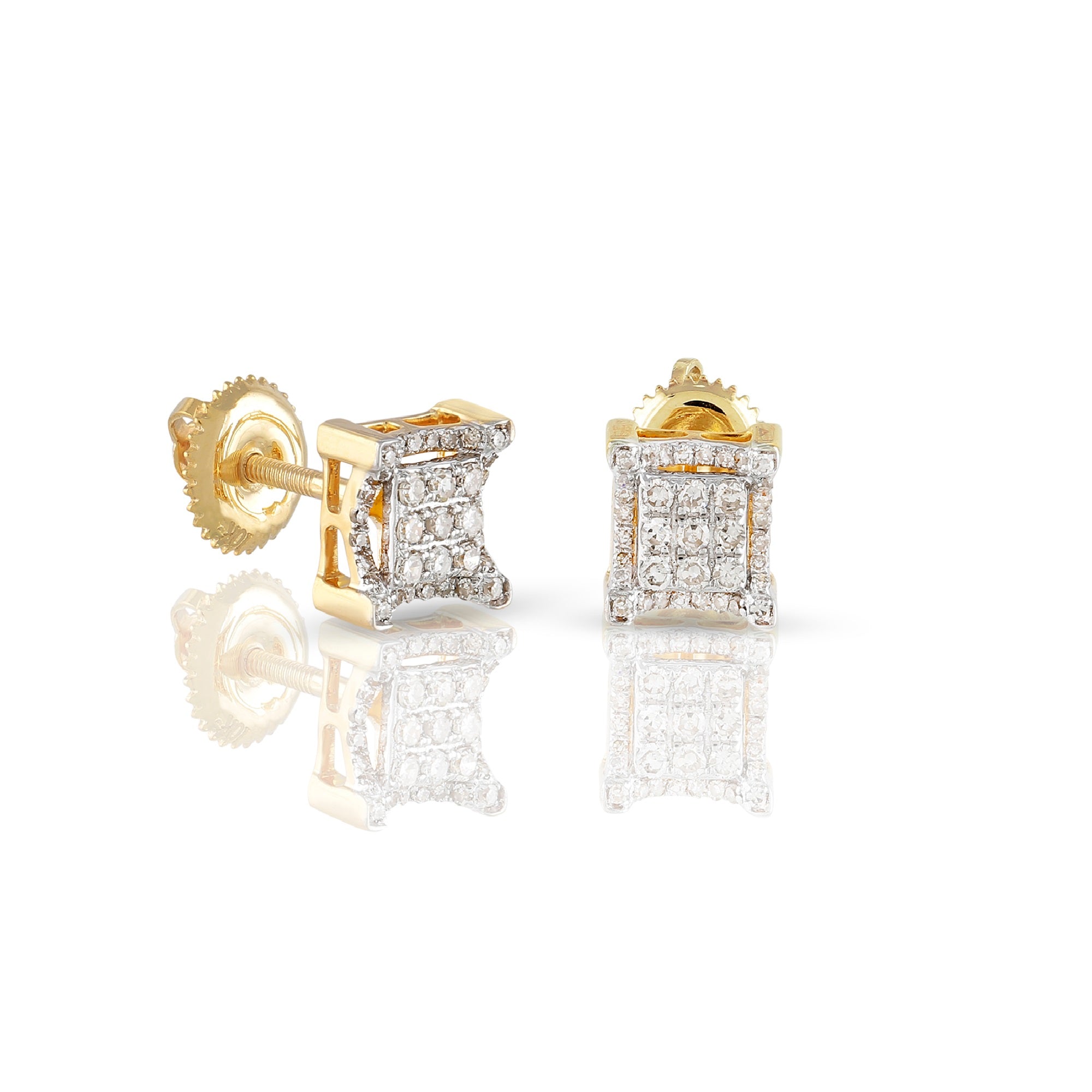 10K Yellow Gold Round Diamond Square Shape Earrings