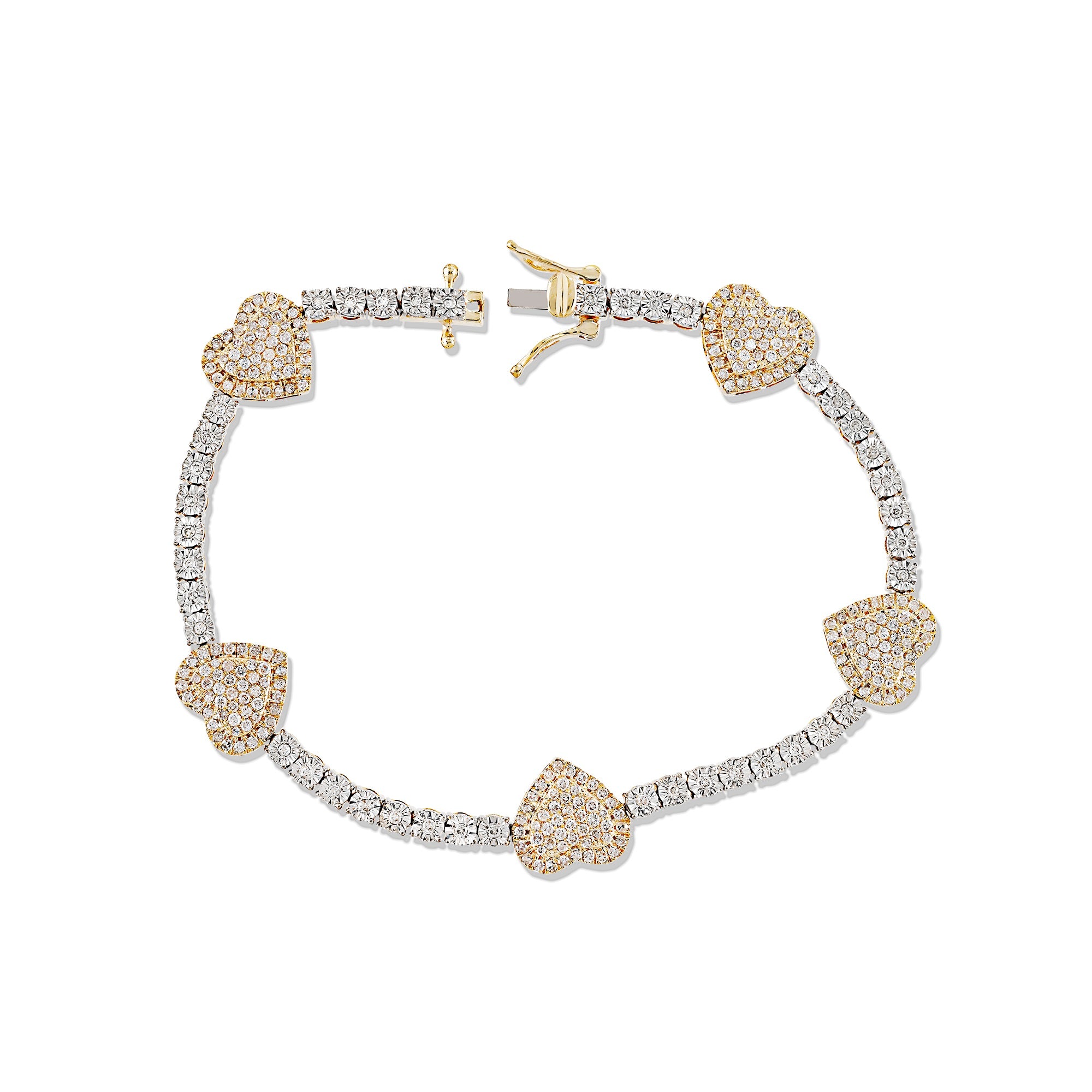 11mm Yellow Gold Diamond Cluster Heart Tennis Bracelet