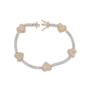 11mm Yellow Gold Diamond Cluster Heart Tennis Bracelet