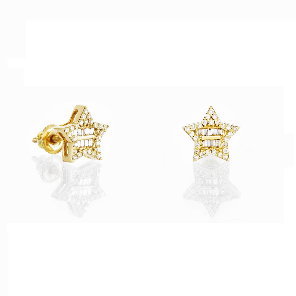 14K Gold Baguette and Round Diamond Star Stud Earrings