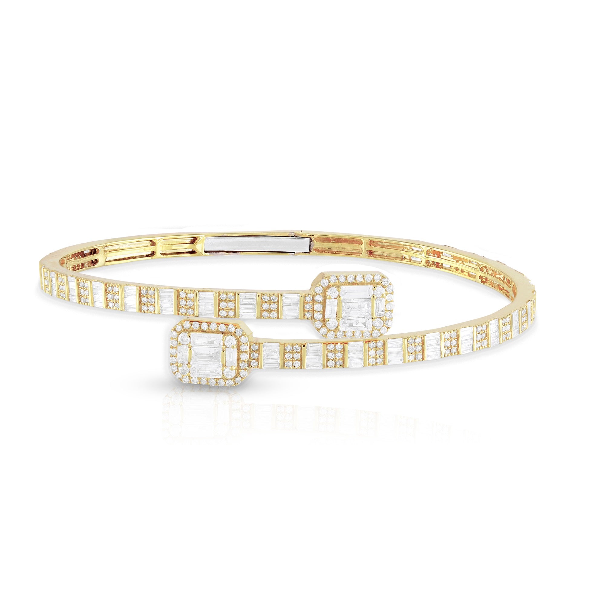 14K Gold Round and Baguette Diamond Cuff Bangle Bracelet