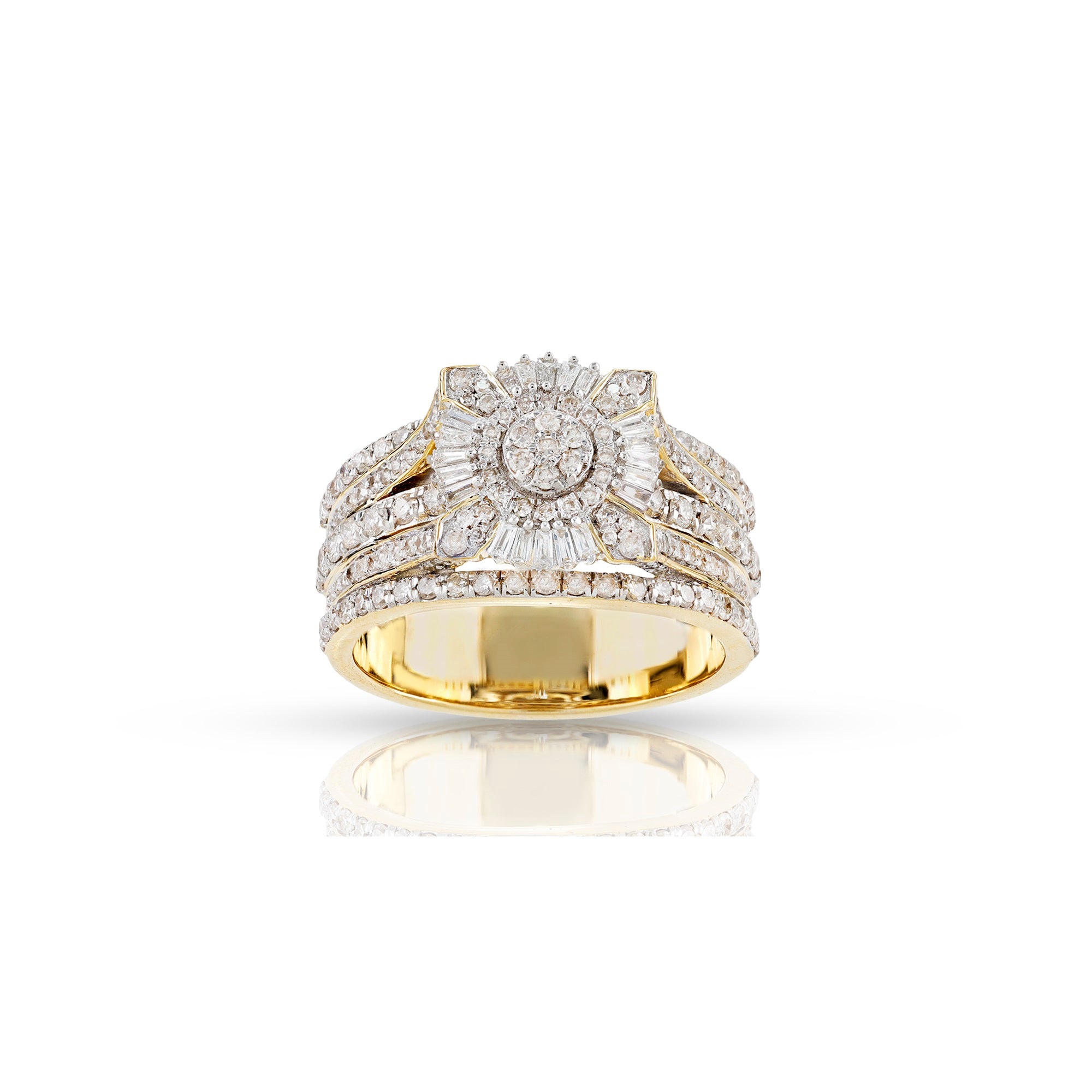 14K Gold Round and Baguette Diamond Three Band Ring