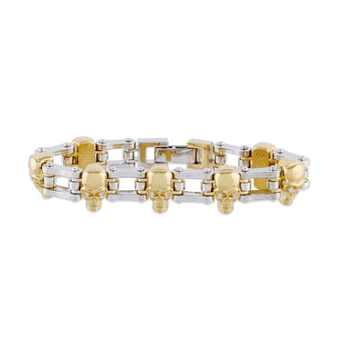 14K Two Tone Gold Round Diamond Skull Bracelet