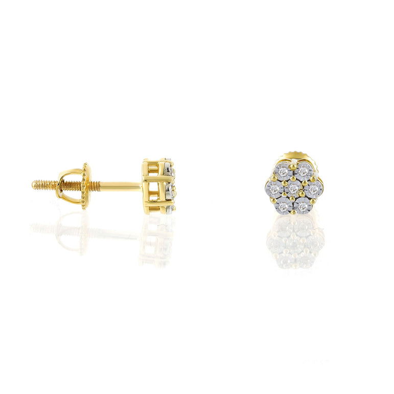 14K Yellow Gold Round Diamond Flower Stud Earrings