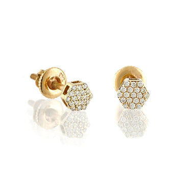 14K Yellow Gold Round Diamond Hexagon Earrings