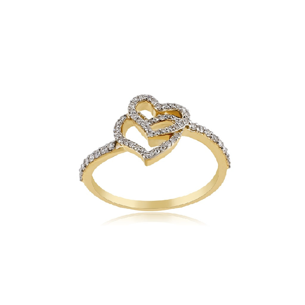 14K Yellow Gold Round Diamond Double Heart Ring