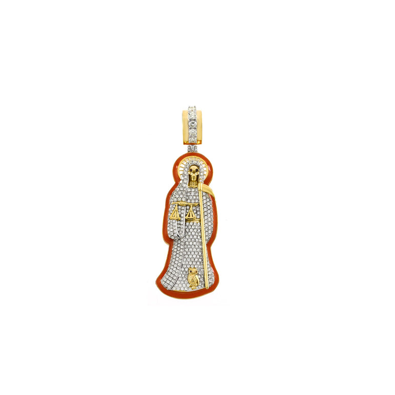 14K Yellow Gold Round Diamond Santa Muerte Pendant