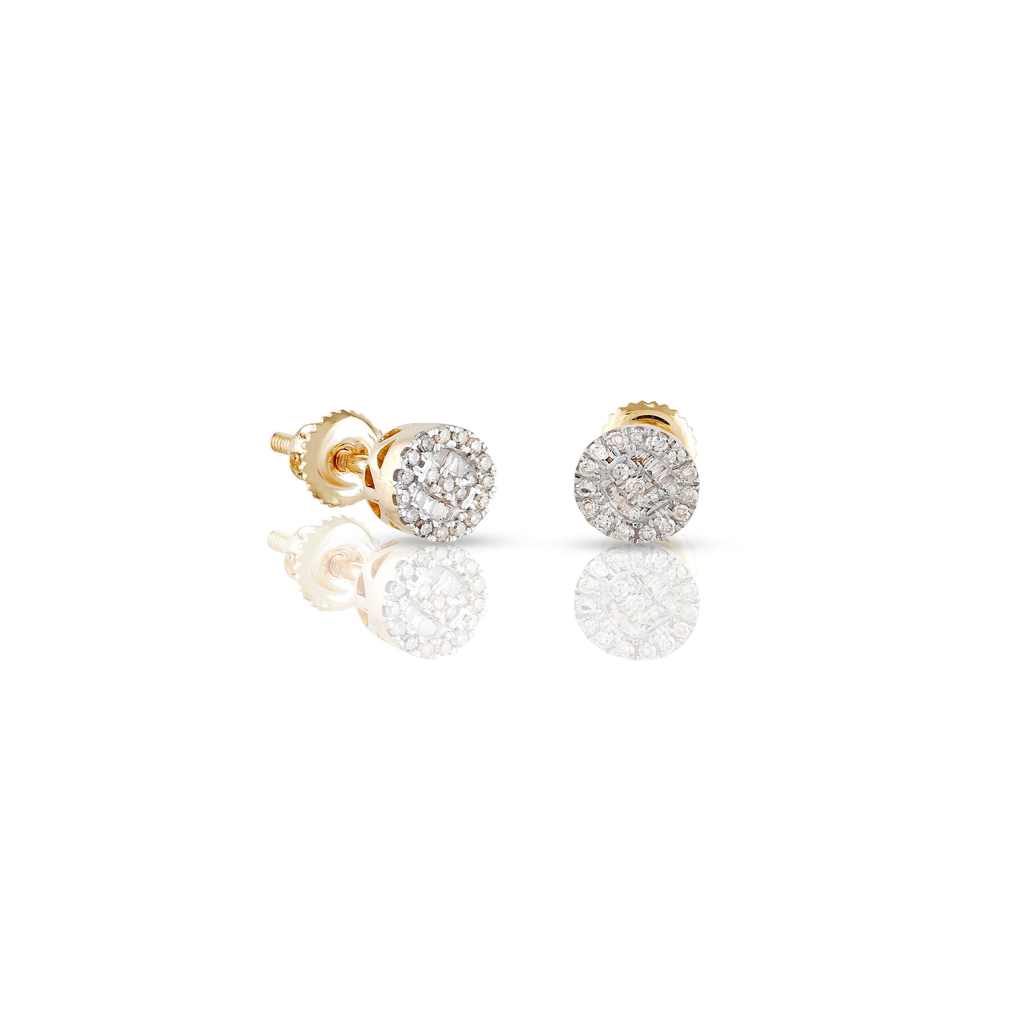 14K Yellow Gold Round and Baguette Diamond Stud Earrings