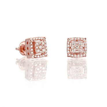 14k Rose Gold Round Diamond Square Halo Illusion Earrings