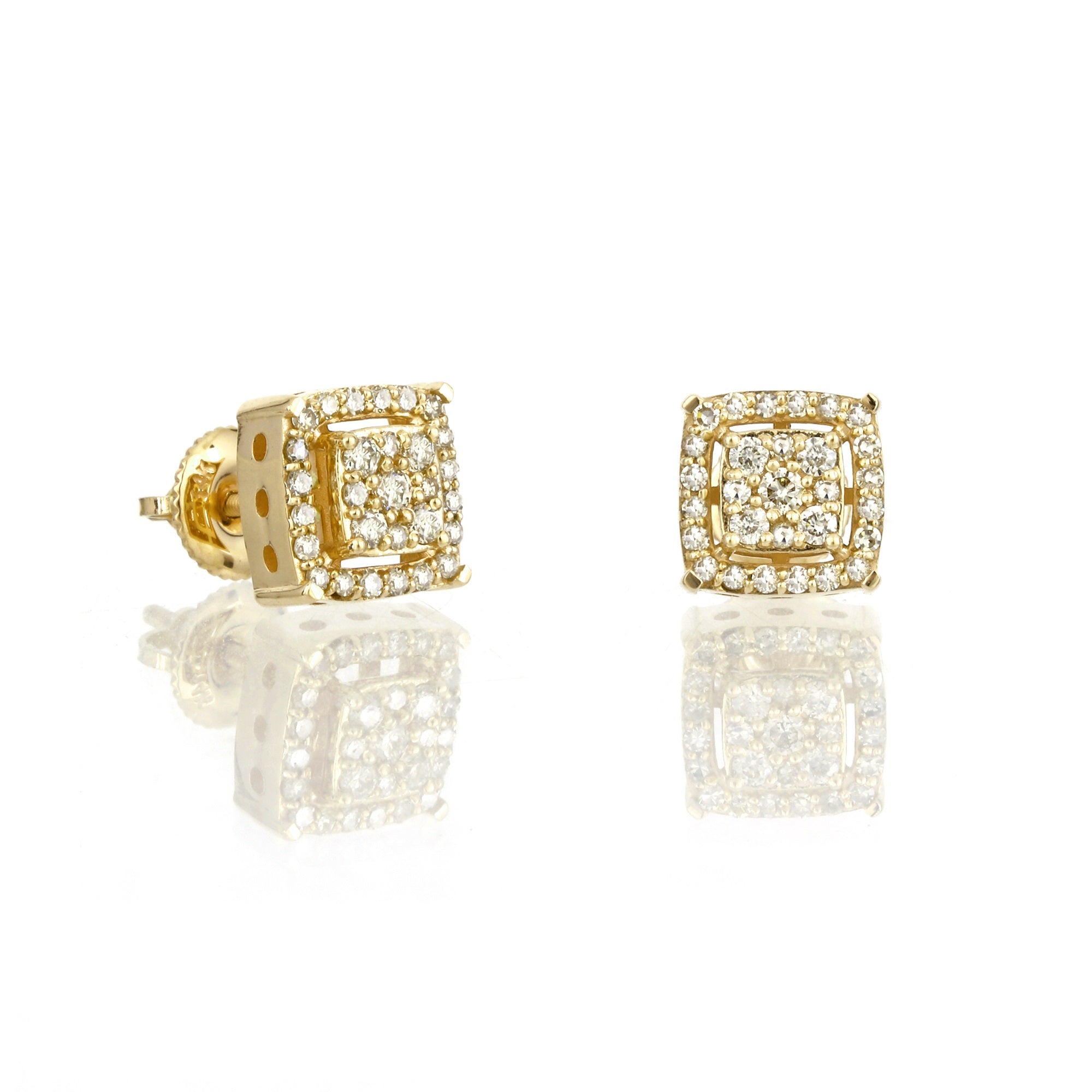 14k Yellow Gold Round Diamond Square Halo Illusion Earrings