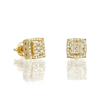 14k Yellow Gold Round Diamond Square Halo Illusion Earrings