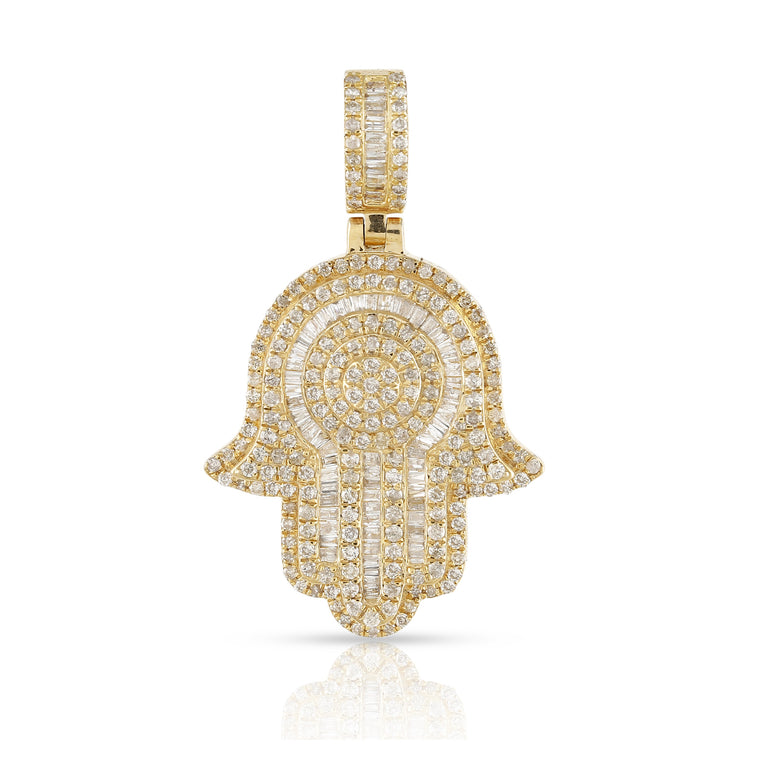 Yellow Gold Round and Baguette Diamond Hamsa Pendant by Rafaela Jewelry