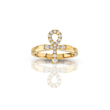 17mm Yellow Gold Round Diamond Ankh Cross Ring