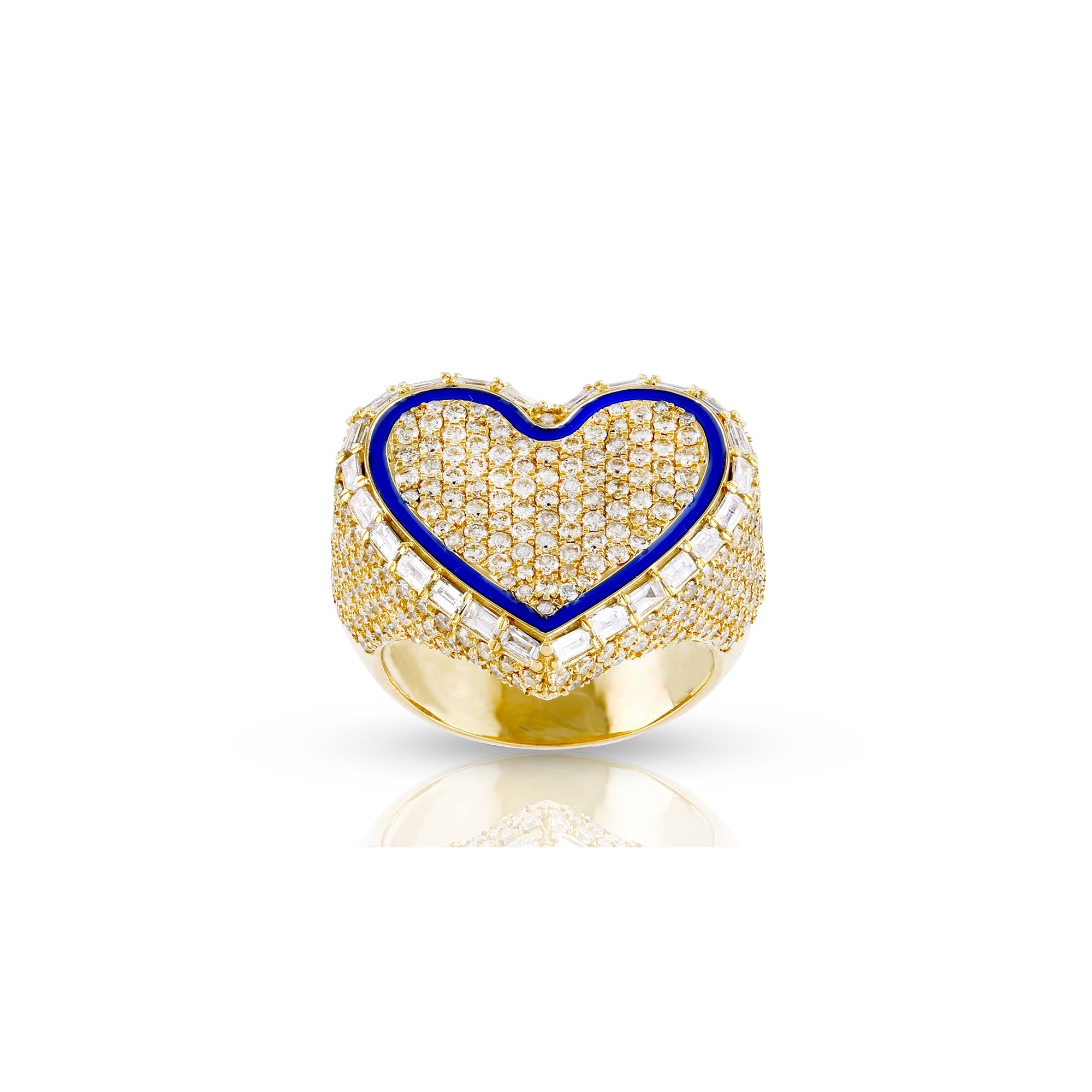 21mm Gold Round and Baguette Diamond Enamel Heart Ring