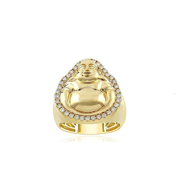 21mm Yellow Gold Round Diamond Buddha Charm Ring