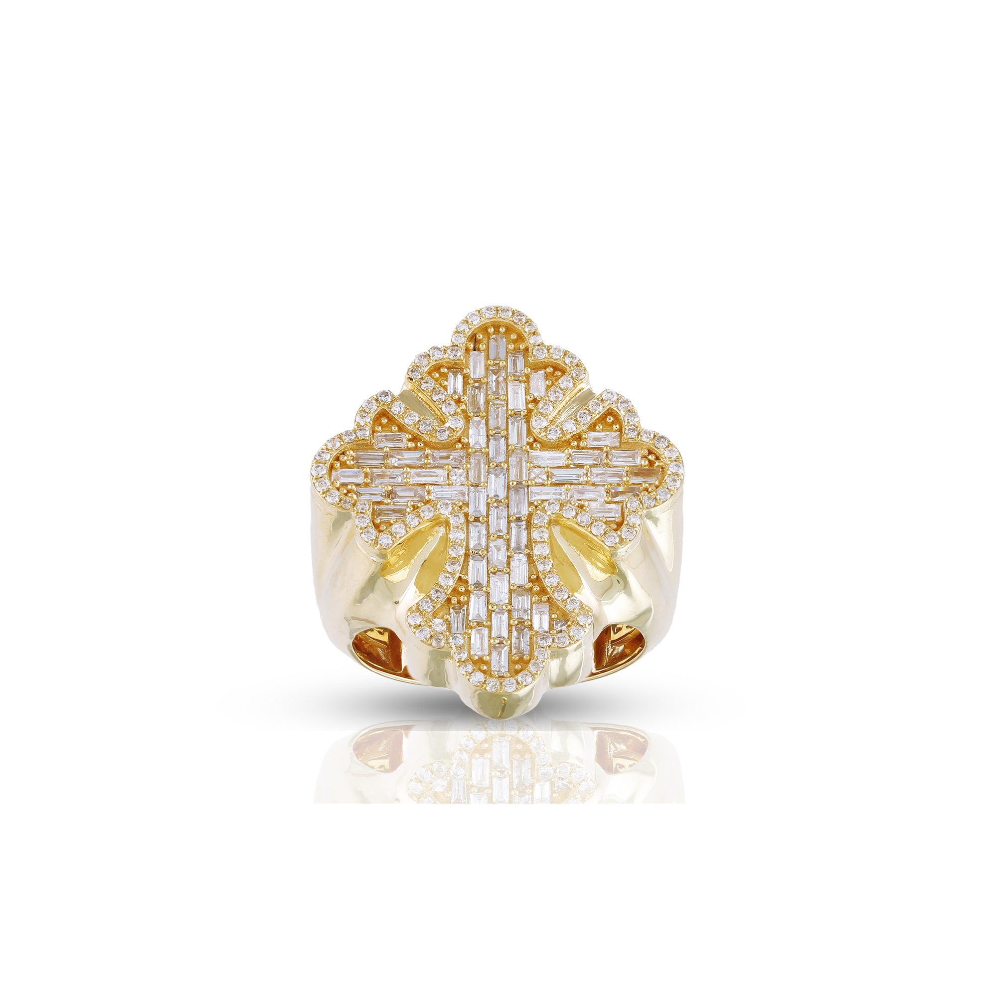 30mm Yellow Gold Baguette and Round Diamond Cross Ring