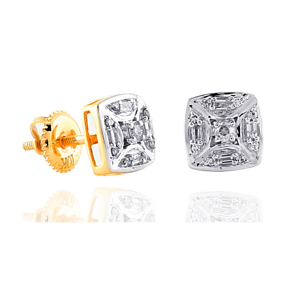 8mm Yellow Gold Round and Baguette Diamond Square Earrings