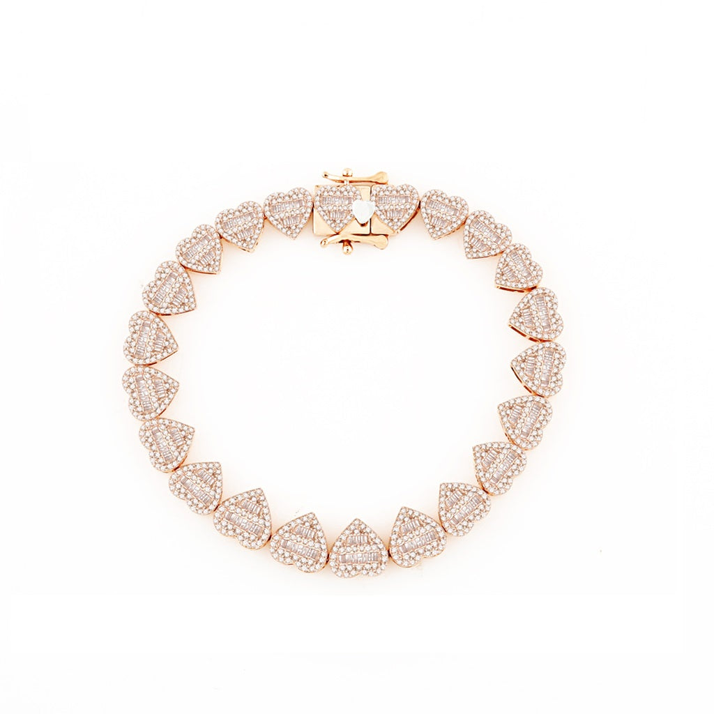 9mm Rose Gold Round and Baguette Diamond Heart Bracelet