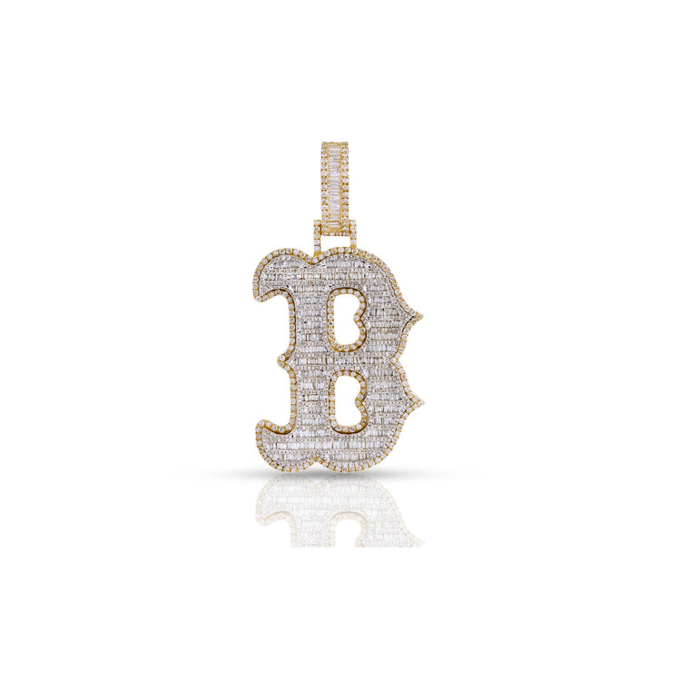 Yellow Gold Baguette Diamond 'B' Letter Pendant by Rafaela Jewelry
