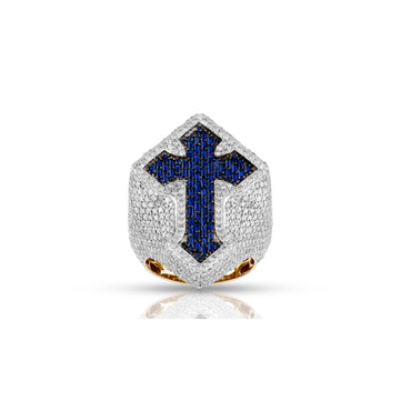 36.5mm Yellow Gold Blue Baguette Diamond Cross Ring by Rafaela Jewelry