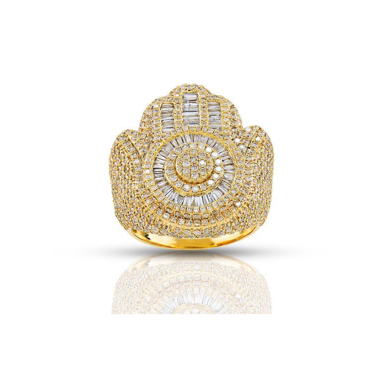 21.75mm Yellow Gold Baguette and Round Diamond Hamsa Ring by Rafaela Jewelry