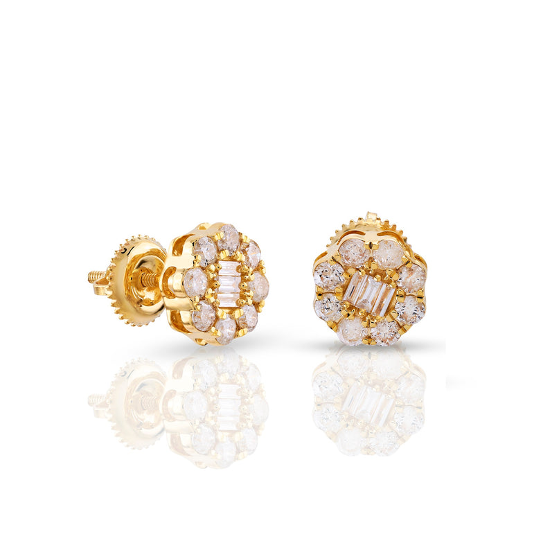 Yellow Gold Baguette Round Diamond Flower Stud Earrings