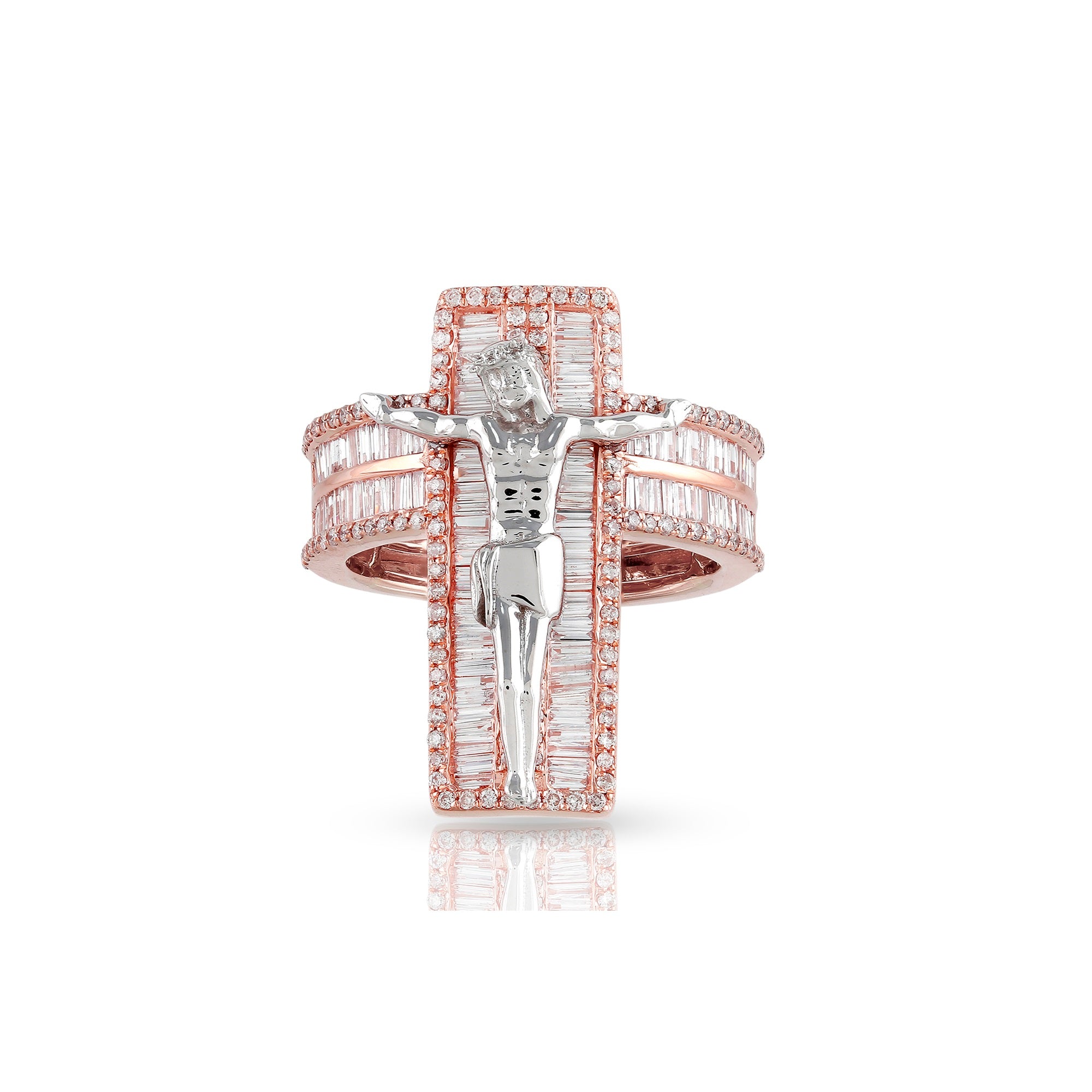 Rose Gold Baguette and Round Diamond Jesus Crucifix Ring