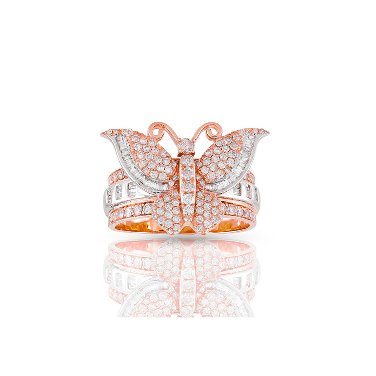 Rose Gold Round and Baguette Diamond Butterfly Ring