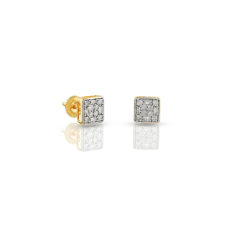 Round and Baguette Diamond Gold Square Stud Earrings