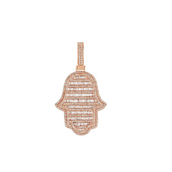 Round and Baguette Diamond Rose Gold Hamsa Pendant