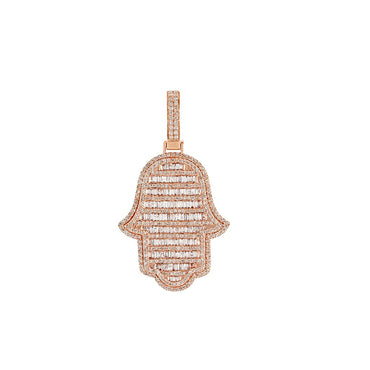 Round and Baguette Diamond Rose Gold Hamsa Pendant