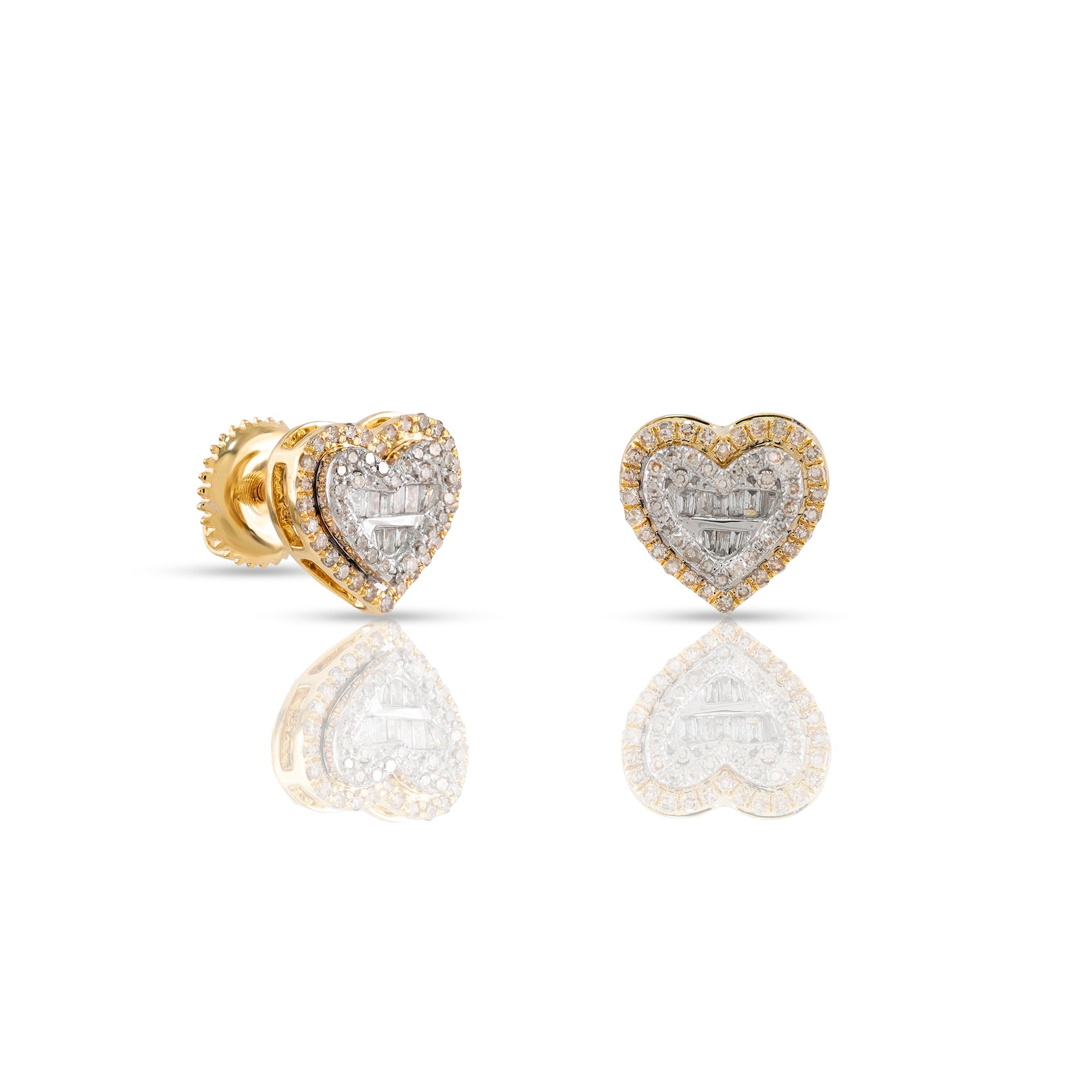 Round and Baguette Diamond Yellow Gold Heart Stud Earrings