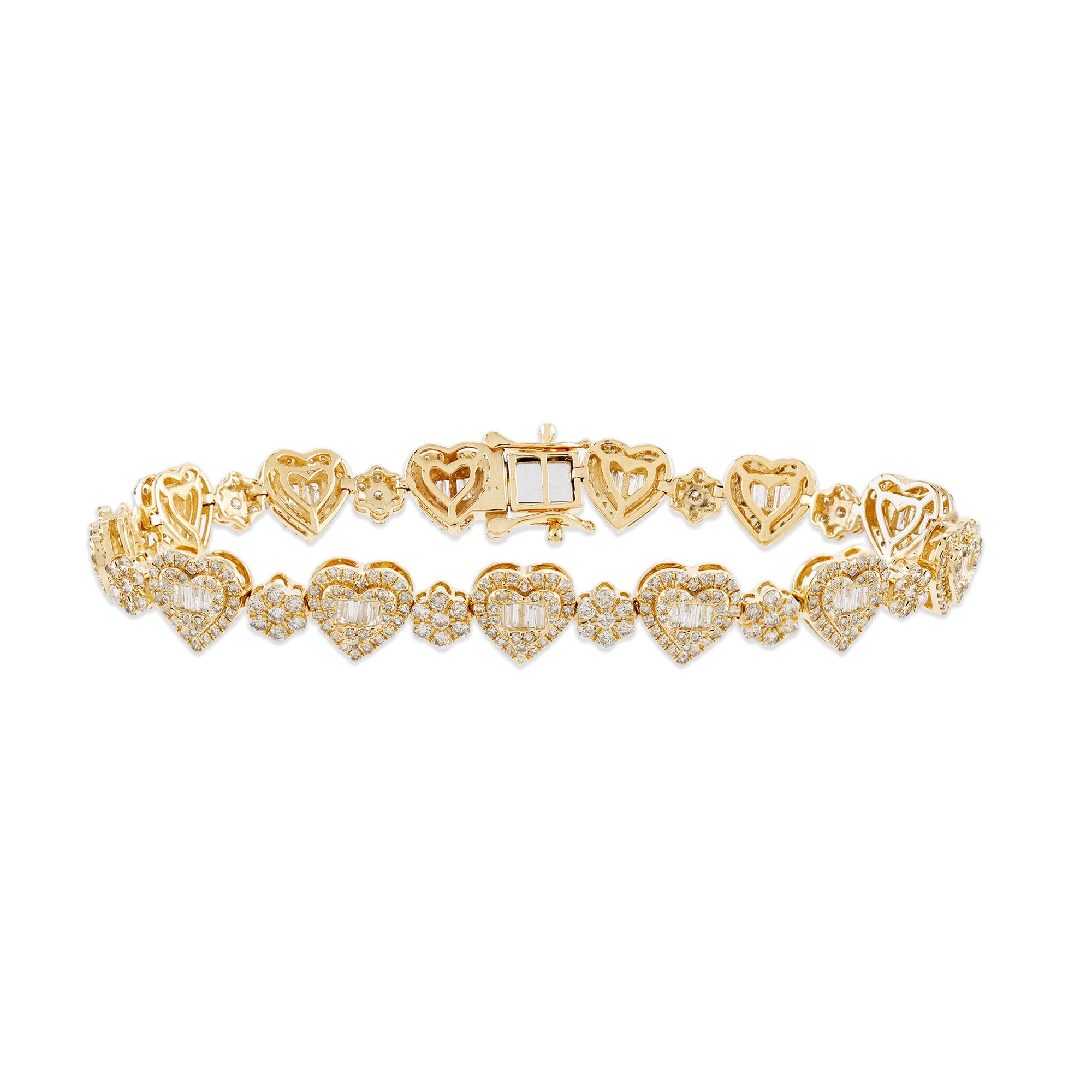 8.7mm Yellow Gold Round and Baguette Diamond Heart Bracelet by Rafaela Jewelry