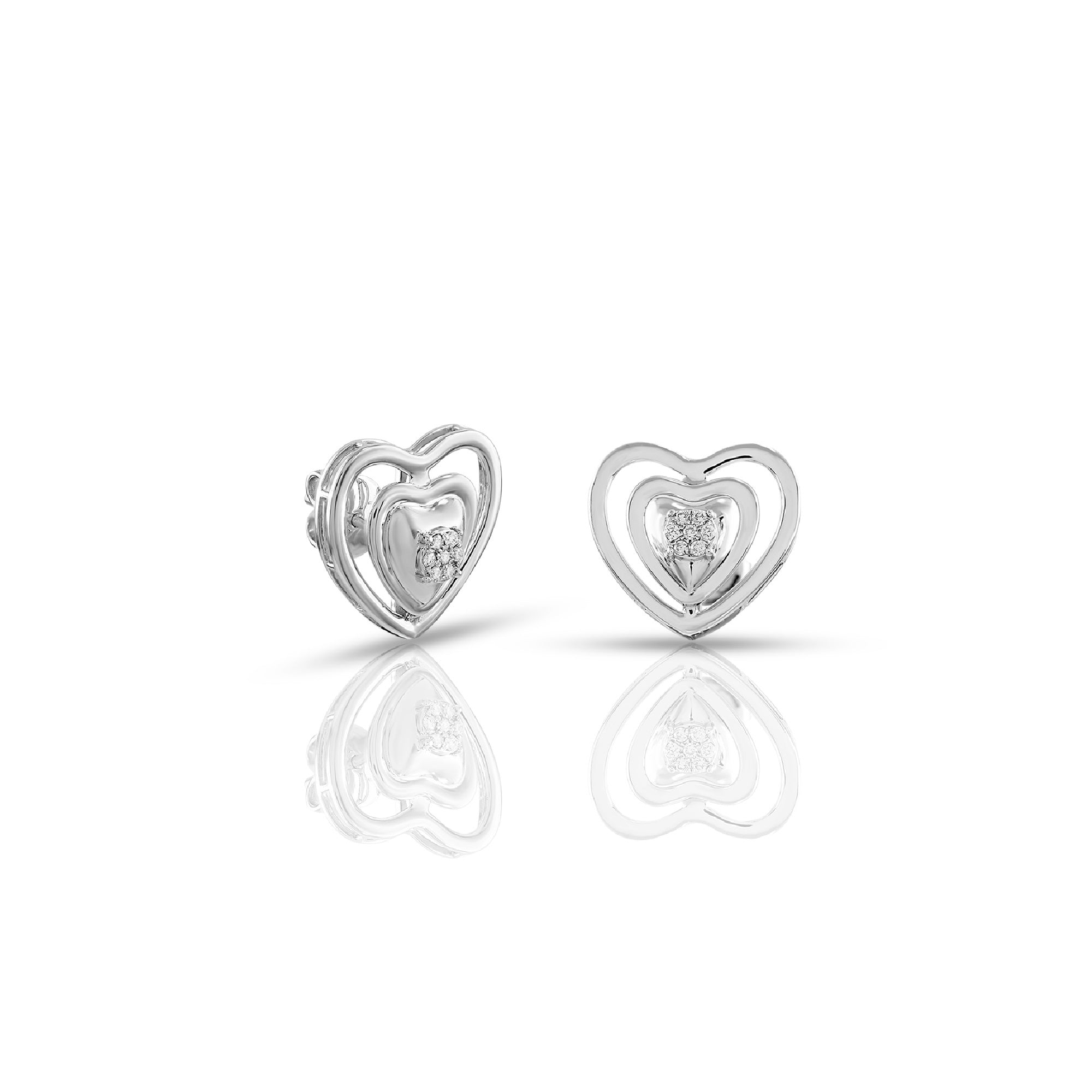 White Gold Round Diamond Double Heart Earrings