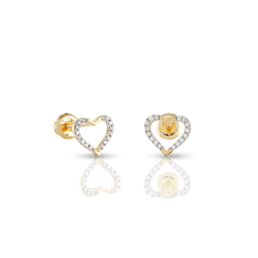 Yellow Gold Round Diamond Pave Heart Earrings