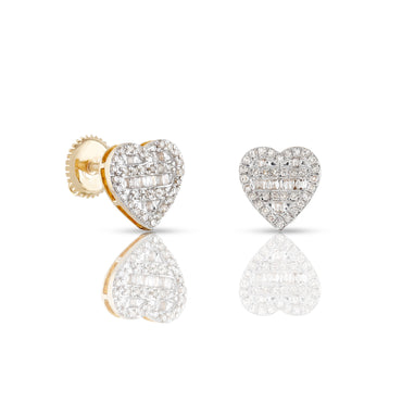 Yellow Gold Round and Baguette Diamond Heart Stud Earrings