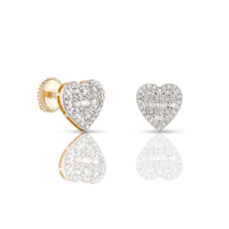 Yellow Gold Round and Baguette Diamond Heart Stud Earrings