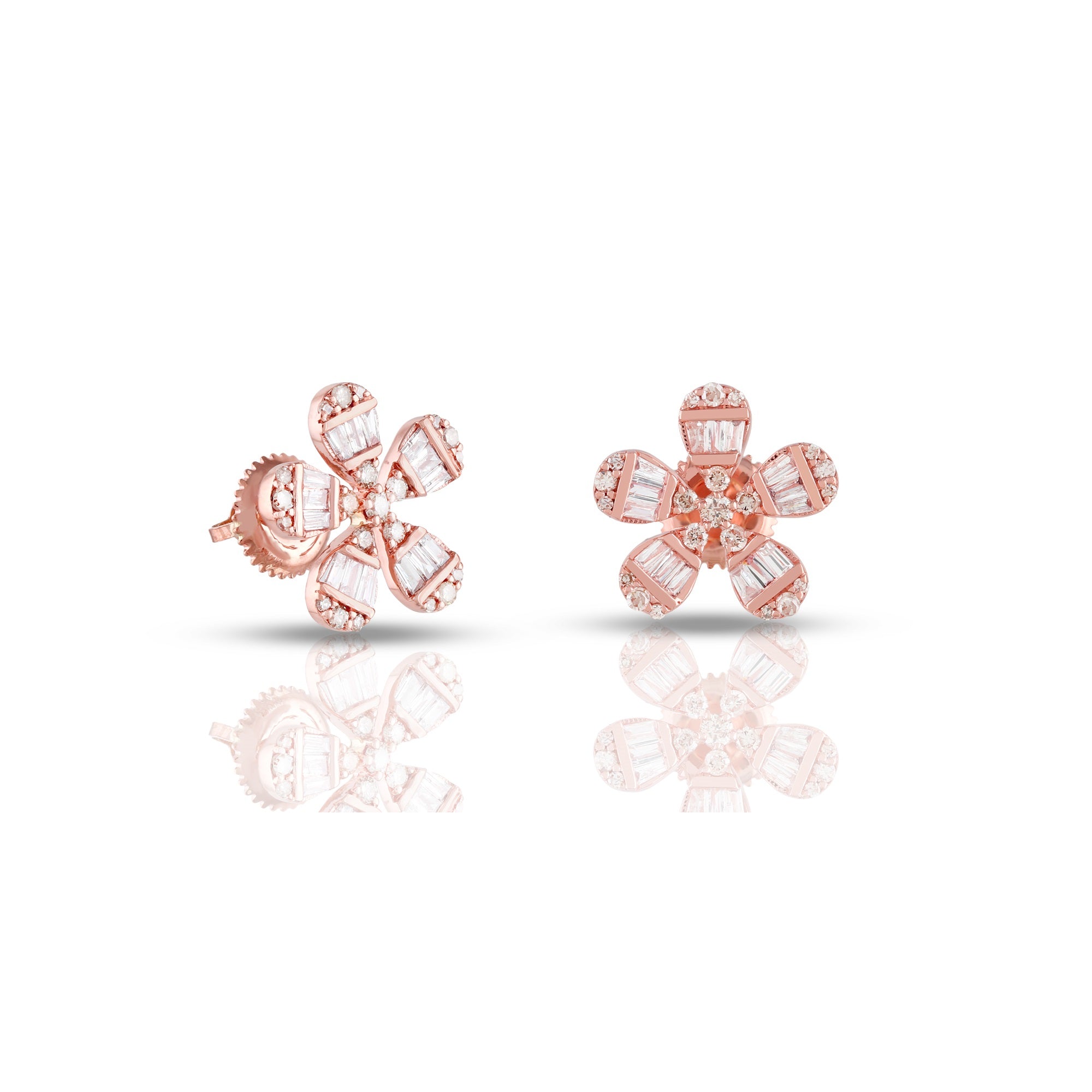0.59ct Rose Gold Baguette Diamond Flower Earrings by Rafaela Jewelry