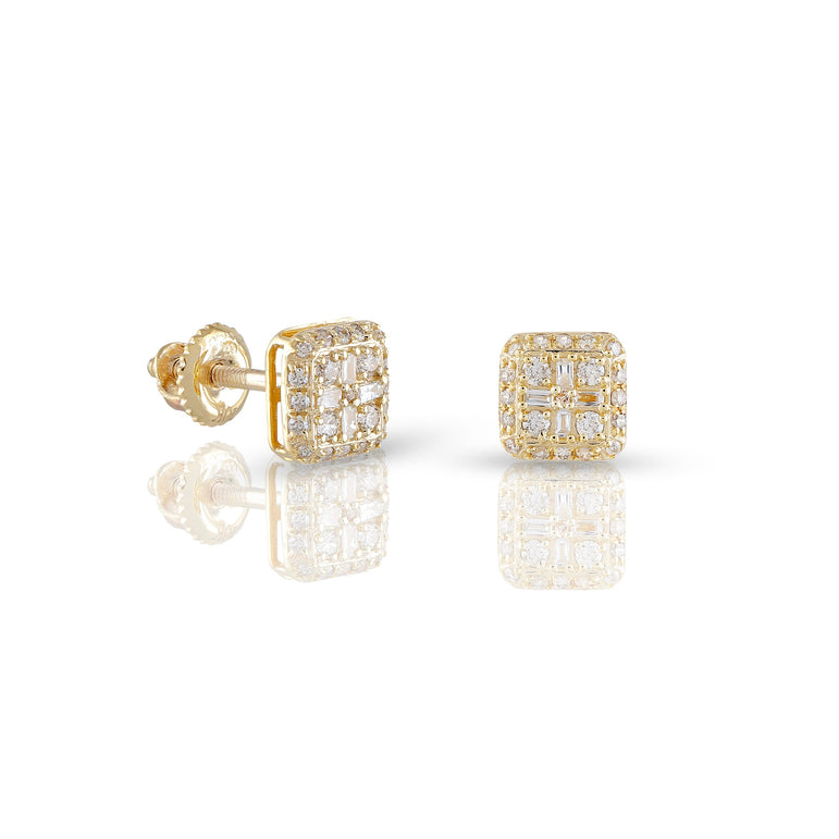 0.20ct Yellow Gold Round and Baguette Diamond  Square Earring by Rafaela Jewelry