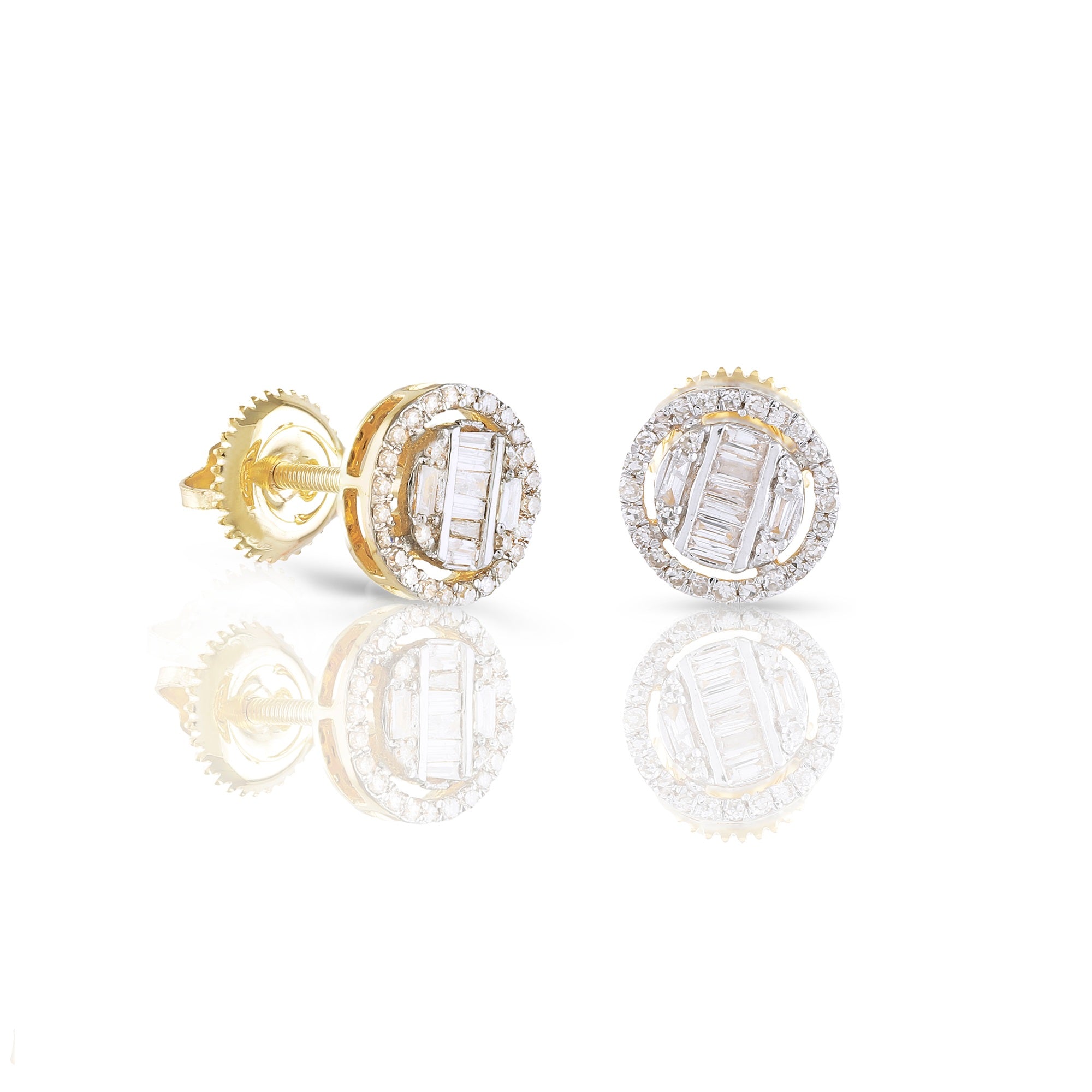 0.26ct Yellow Gold Baguette Diamond Round Earring by Rafaela Jewelry